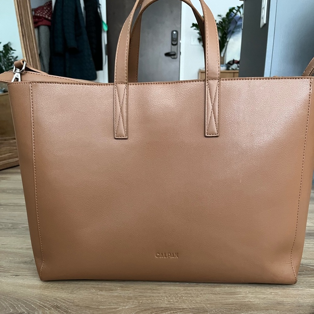 Calpak 16” Laptop Tan Leather Tote Bag